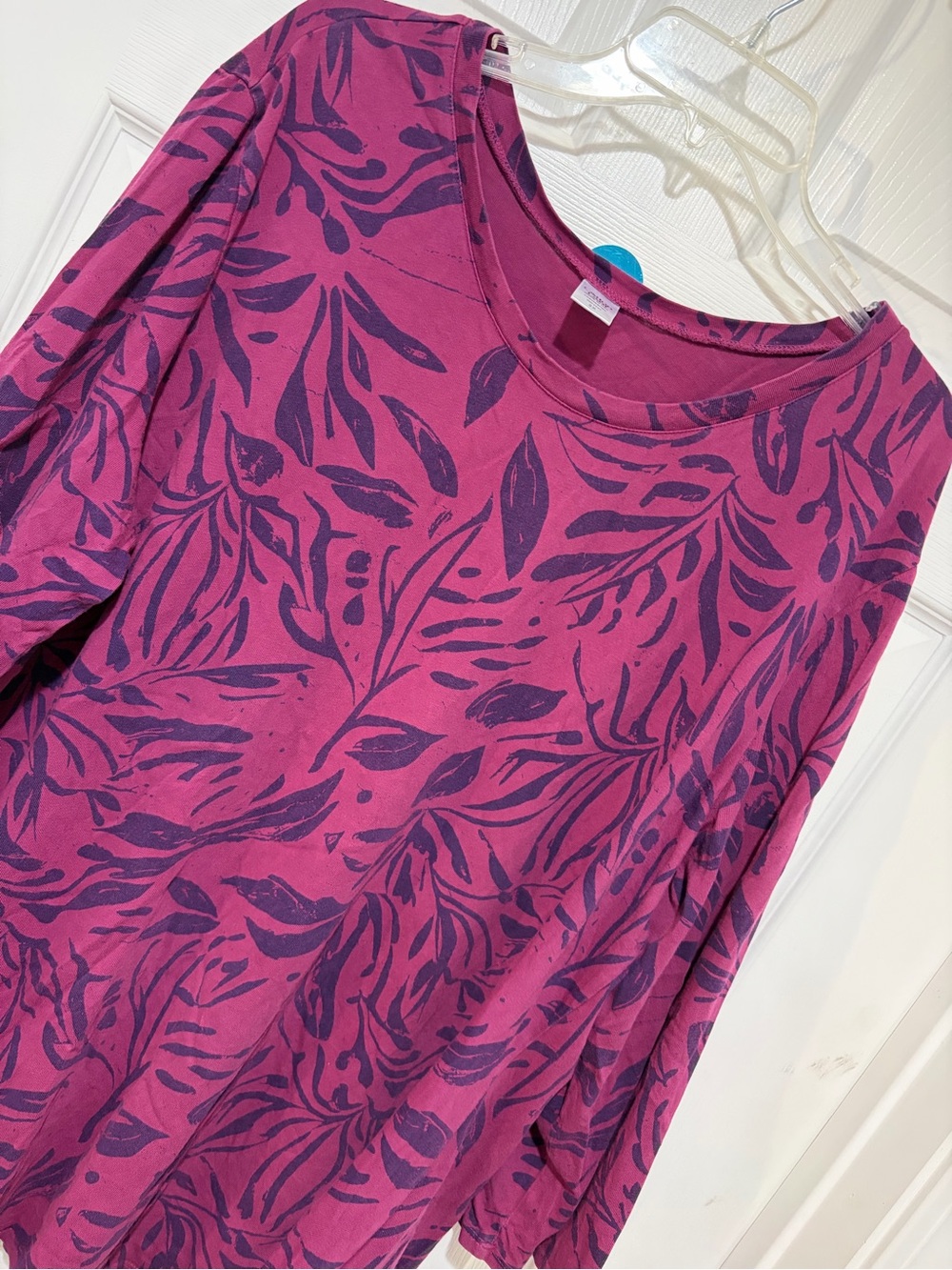 COTTON LANI 100% Cotton Women’s Magenta Leaf-Print Long Sleeve Tunic Top